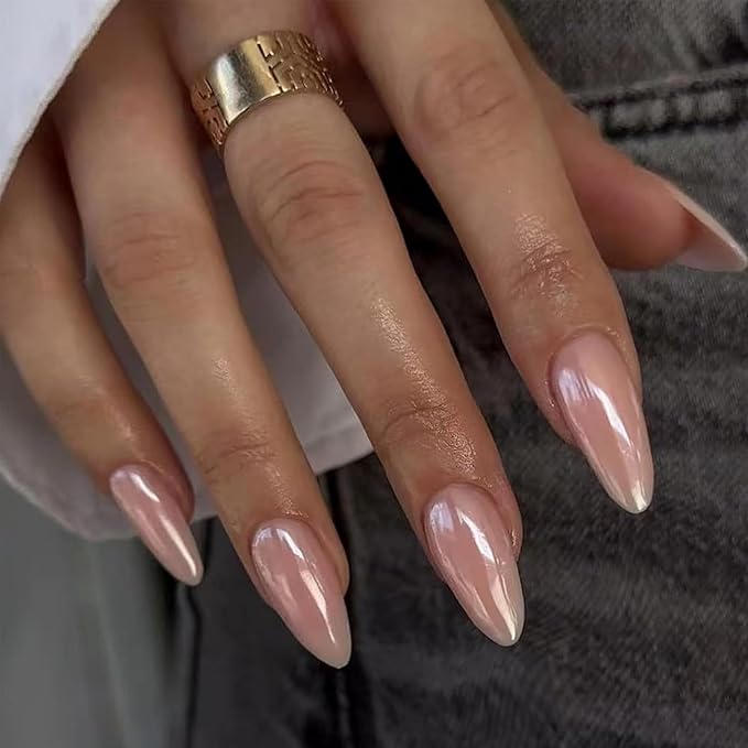 Chrome Nude Semi Cured Gel Nail Strips 20Pcs Glitter UV Gel Nail Stickers Glossy Nails Polish Strips UV/LED Light Needed Self Adhesive Full Polish Nails Wraps for Women