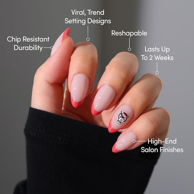 Glamnetic x Fanatics Press On Nails - NC State Wolfpack | Short Almond Fake Nails, Collegiate Wolfpack Red French Tips, College Nails, Salon-Quality | 15 Sizes - 30 Nail Kit with Glue