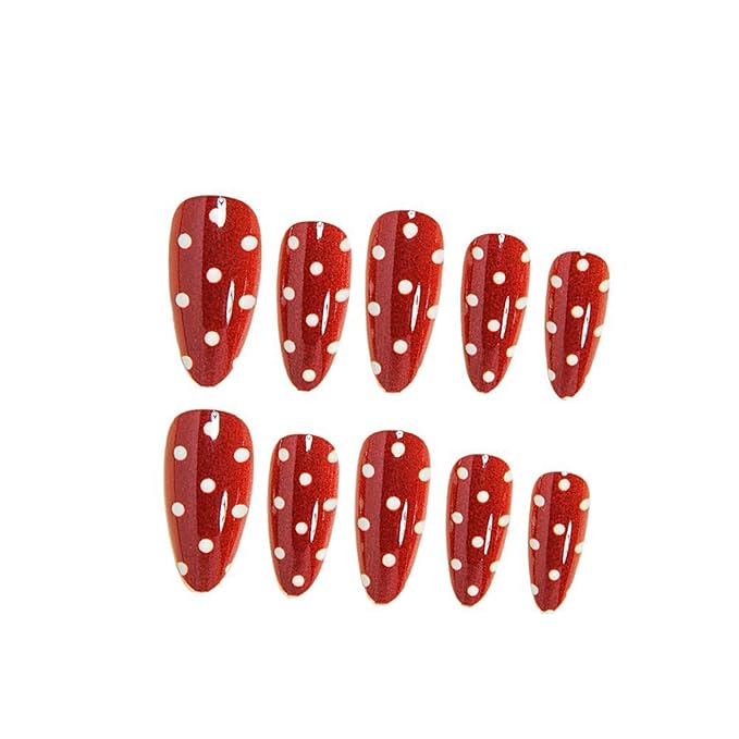Press on Nails Medium Almond MABKJLF Fake Nails Red False Nails with White Polka Dots Designs Full Cover Glossy Glue on Nail Acrylic Nails for Women Girls 24Pcs