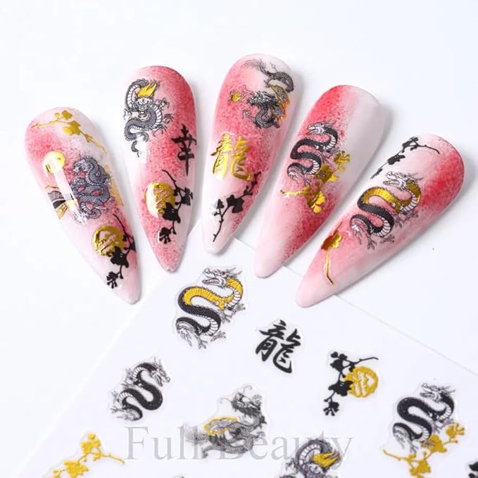 3D Gold Black Dragon Nail Stickers for Chinese New Year Dragon Nail Art Designs