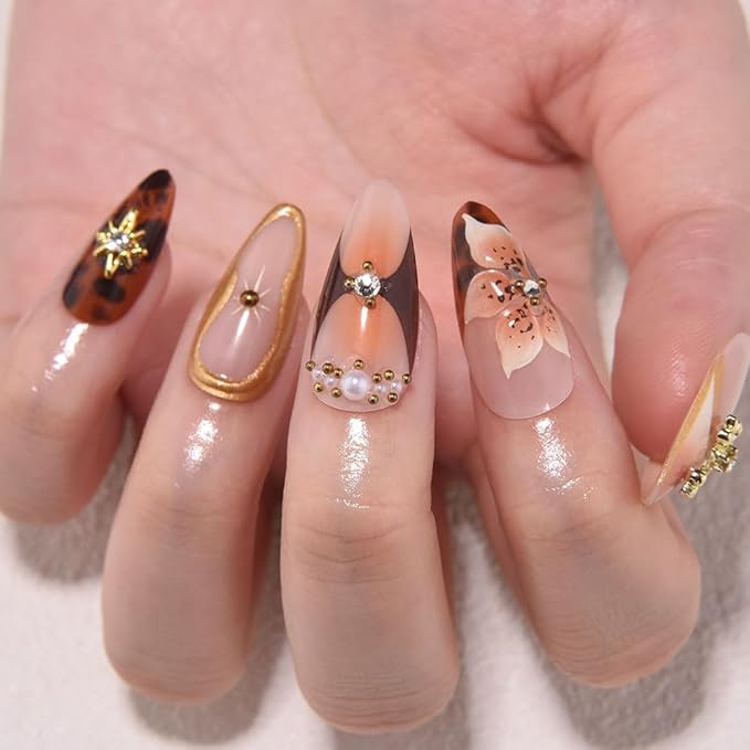 3D Press on Nails Medium Almond with Leopard & Flower Design, Sexy 3D French Tip Nail Press ons Glossy Stick on Nails for Women Reusable with Kit, Stick on Sexy Fake Nail with Designs Perfectly Fit