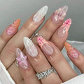 Summer Press on Nails Almond - Medium French Tip Fake Nails 3D Flower Fake Nails Press ons with Silver Beads Design, Glossy Acrylic Nails Full Cover Glue on Nails for Women Manicure 24Pcs
