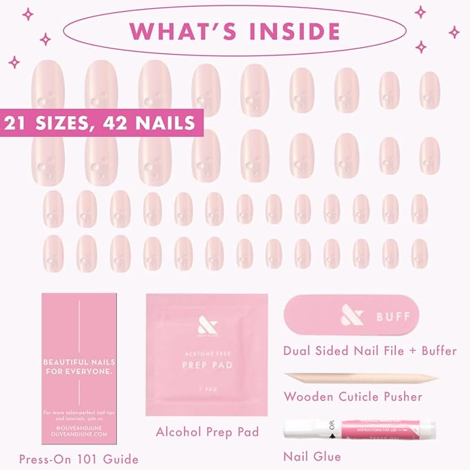 Olive & June Maximalist Instant Mani Press-On Nails (Glue) | 42 Fake Nails, 21 Sizes | Non-Toxic, Long-Lasting Big, Bold Gorgeous Realistic Look | Short, Round | Pink Bubble Pearlescent