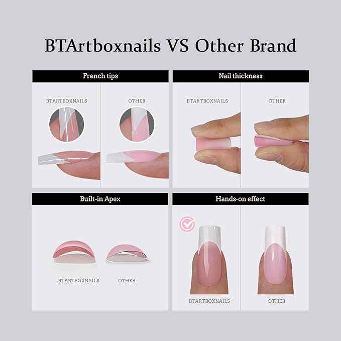 BTArtboxnails XCOATTIPS French Gel Nails - French Tip Press on Nails Pink Extra Short Square Shape Nail Tips, Fake Nails Extensions Nail Art DIY