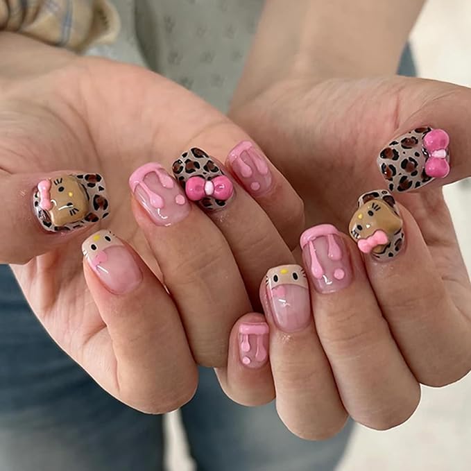 Cute Press on Nails Short Square Fake Nails with 3D French Cute Kawaii Design Leopard Pink Press ons Cartoon Nail Tip Artificial Acrylic Nail Cute False Nails for Women Manicure 24Pcs