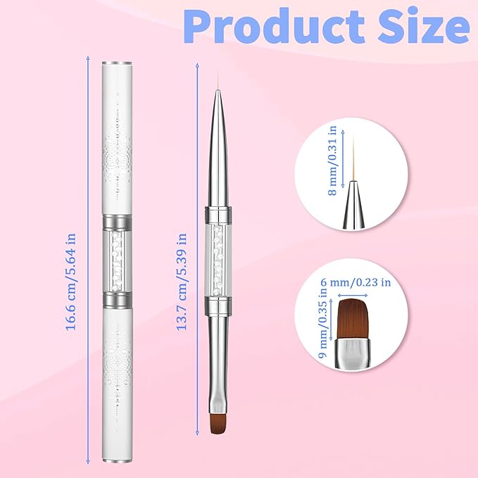Double Ended Nail Builder Gel Brush, 2 Pcs French Tip Liner Brush White Nail Design Brushe With Rhinestone Handle Naile Drawing Brushes Nails Liner Brushes for Design UV Hard Gel Nails