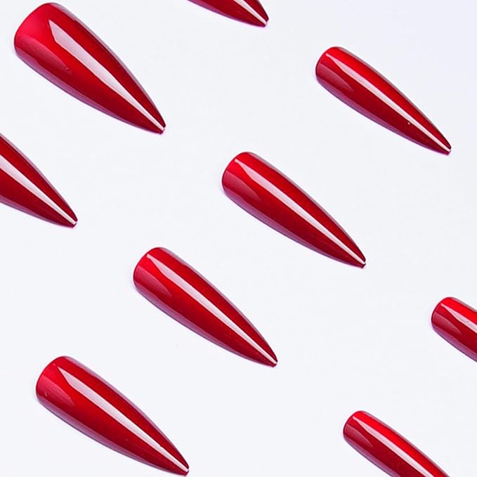 MISUD Press on Nails - Long Stiletto Fake Nails, Acrylic Bling Red Cat Eye Design 24 pcs