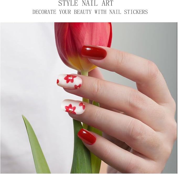 JMEOWIO Gel Nail Stickers Red Flower Semi Cured Gel Nail Strips Wraps UV/LED Nails Art Design Decoration Accessories