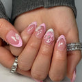 Short Press on Nails Almond - French Tip Fake Nails with 3D Flower Design - Pink Glossy Full Cover Stick on Nails for Women Manicure 24 Pcs