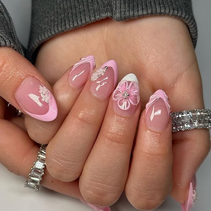 Short Press on Nails Almond - French Tip Fake Nails with 3D Flower Design - Pink Glossy Full Cover Stick on Nails for Women Manicure 24 Pcs