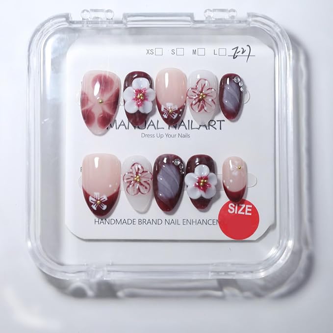 10Pcs Short Almond Handmade Press On Nails | Nude Pink & Burgundy Ombre with 3D Floral & Rhinestone Decor | Reusable Salon-Quality Fake Nails for Women and Girls(251209, S)