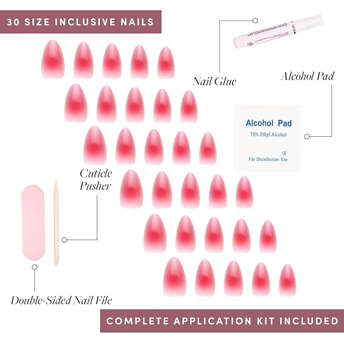 Glamnetic Press On Nails - Blushing Aura Fake Nails | Short Almond Trendy Pink with Ombre Center Nails in a Glossy Finish | 15 Sizes - 30 Nail Kit with Glue