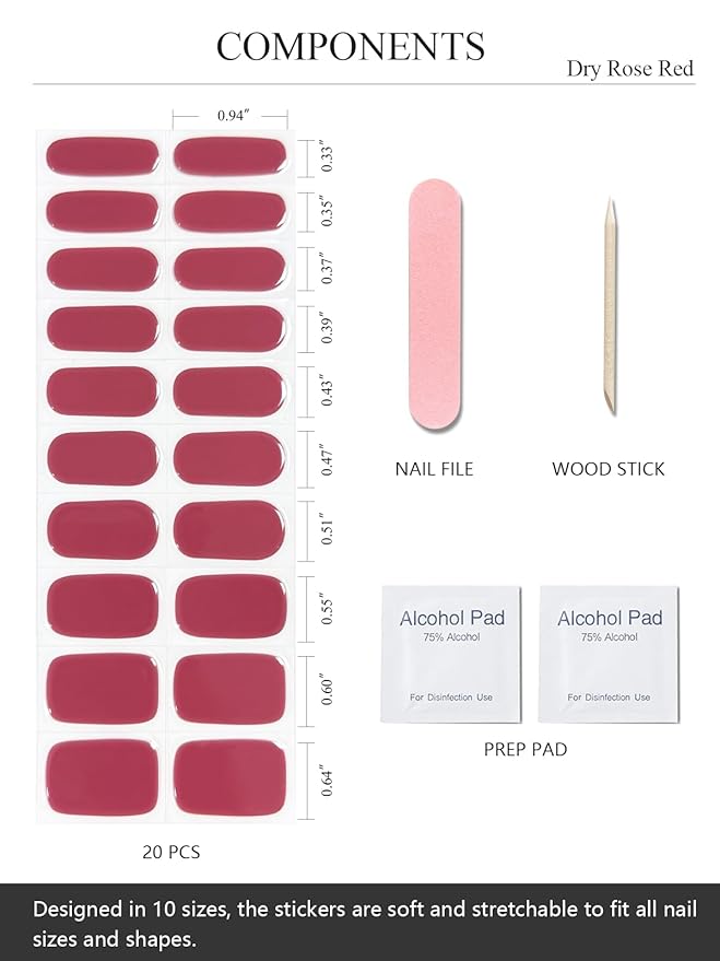Semi Cured Gel Nail Strips (Dry Rose Red), 20 Pcs Gel Nail Wraps, Stickers, UV Light Required, Salon Quality