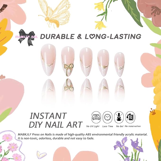 French Tip Press On Nails Medium Almond 24Pcs Glossy Gold Curve Line Marbled Designs Full Cover Acrylic Nails for Women Girls
