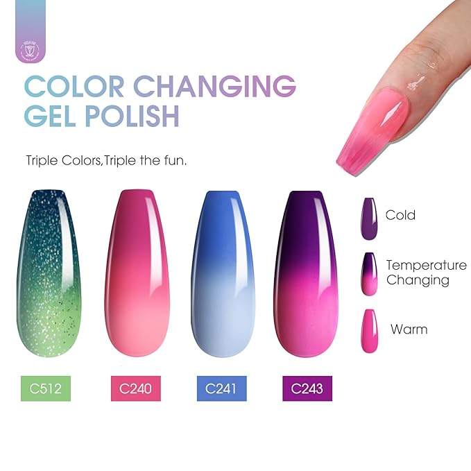 ROSALIND 12PCS Color Changing Gel Nail Polish, Temperature Mood Change Red Pink Purple Blue Colors Gel Polish Soak Off UV Thermal Nail Polish Set for Manicure DIY at Home and Salon