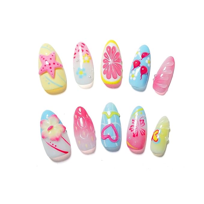 Handmade Press on Nails Beach Summer 3D Starfish Flower Fake Nails Gradient False Nails with Designs Muti-Layer Gel Stick on Nails Art Glossy Pearl Medium Almond Acrylic Nail for Women (Size M)