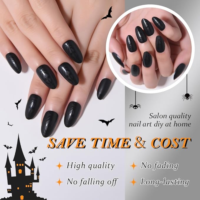 evpct Black Matte Press on French Nails Short Almond with Design, Matte Bed Glossy Tip, Artificial Acrylic Fake Nails Reusable with Pattern Design, Soft Gel Full Cover Stick on Soft Nail Kit for Women