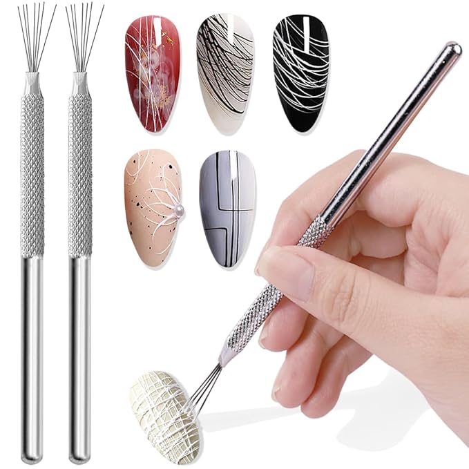 7-pin Nail Liner Nail Art Tools, Stripe Lines Nail Art Pens Stainless Steel Handle Bendable Pins Ultra-thin Line Nail Brush, Spider Gel Manicure Tools Nail Art Line Painting Tool Wire Drawing Pen,2pcs