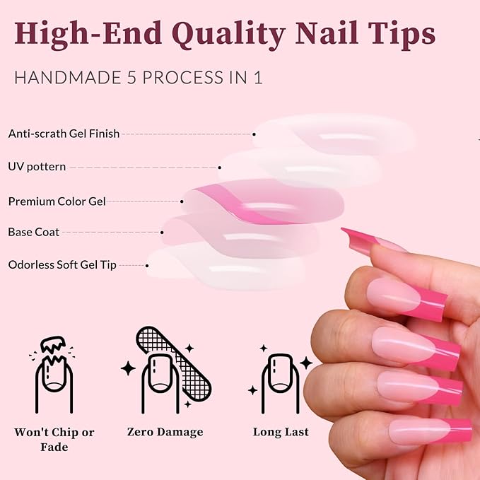 120PC Pink French Tip Press on Nails Long Fake Nails Press ons with 5*Adhesive Tabs, Pink Square Acrylic Nail Press on Nail French Tip Nails False Artificial Fingernails Stick on Nails-E