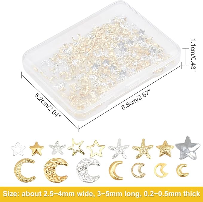 OLYCRAFT 480pcs 16 Styles Star Moon Starfish Resin Fillers Brass Cabochons Nail Art Decoration Accessories Resin Accessories Supplies for Jewelry Making Nail Art Decoration - Gold & Silver