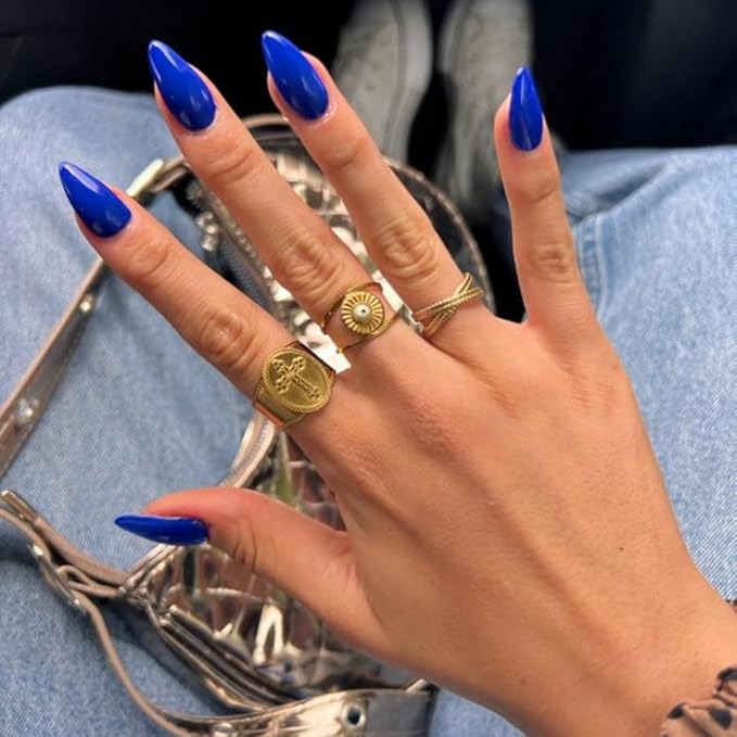 Royal Blue Press on Nails - Almond Shape Medium Length Neutral Acrylic Reusable Fake Nails for Women Girls - Glue on Stiletto False Soft Gel Artificial Nails