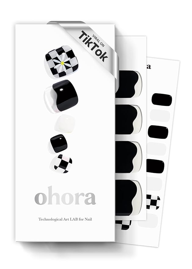 ohora Semi Cured Gel Pedi Strips (P Checkmate) - Black/White Works with Any UV/LED Lamps, Salon-Quality, Long Lasting, Easy to Apply & Remove - Includes 2 Prep Pads, Nail File & Wooden Stick