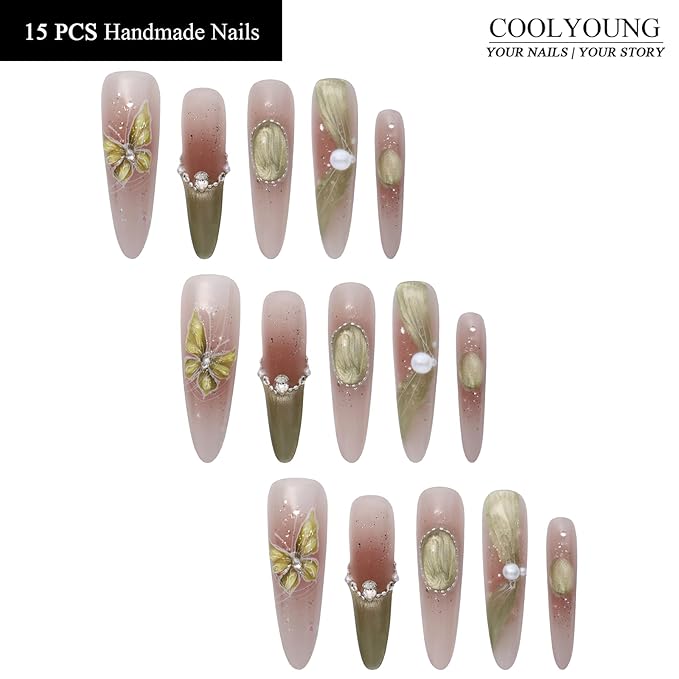 Handmade Nails Press On Nails Long Green Nails Acrylic Press On Nails Ladies Gifts Acrylic French Nails Press On COOLYOUNG 15 PCS, Size S