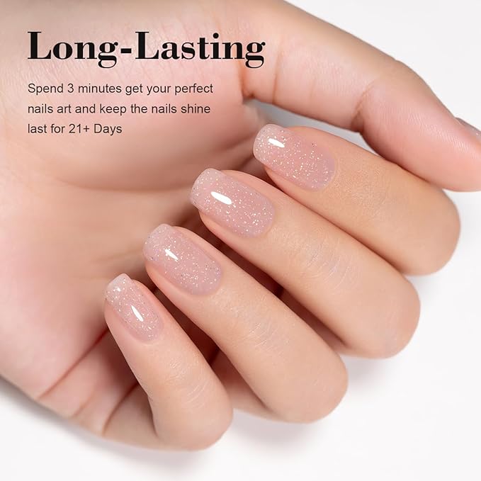 RARJSM Glitter Rubber Base Gel Nail Polish Nude Melon Pink Rubber Base Rainbow Iridescent Shimmer Brush on Quick Extend Builder Hard Gel Soak Off Curing Requires 15ml Salon Home French Manicure