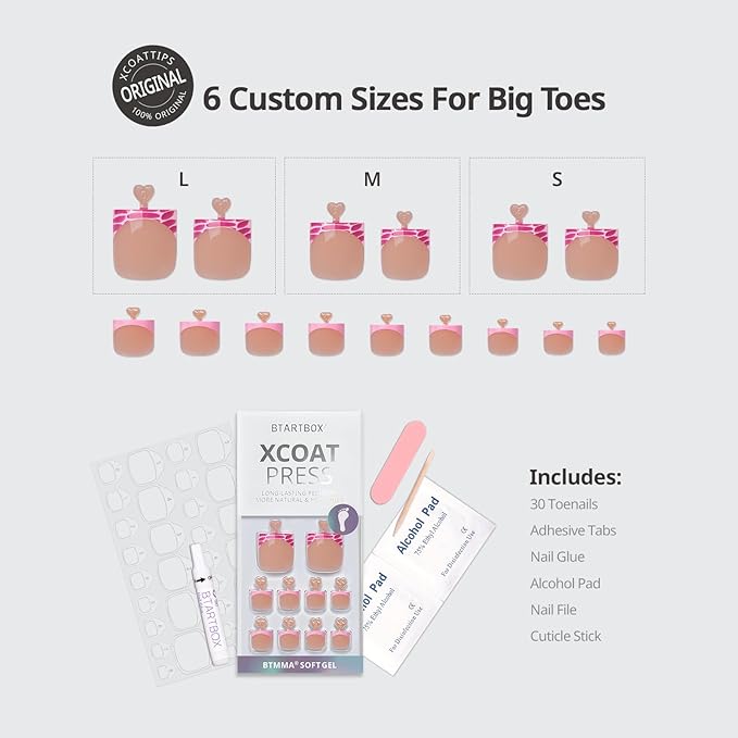 BTArtbox Press On Toenails - Lamp-Curable Sharp Square Toe Nail Press Ons with Glue for Women, Semi-Transparent French Tip Fake Toe Nail Tips in 15 Sizes - 30 Toenails Kit, Pink Croc