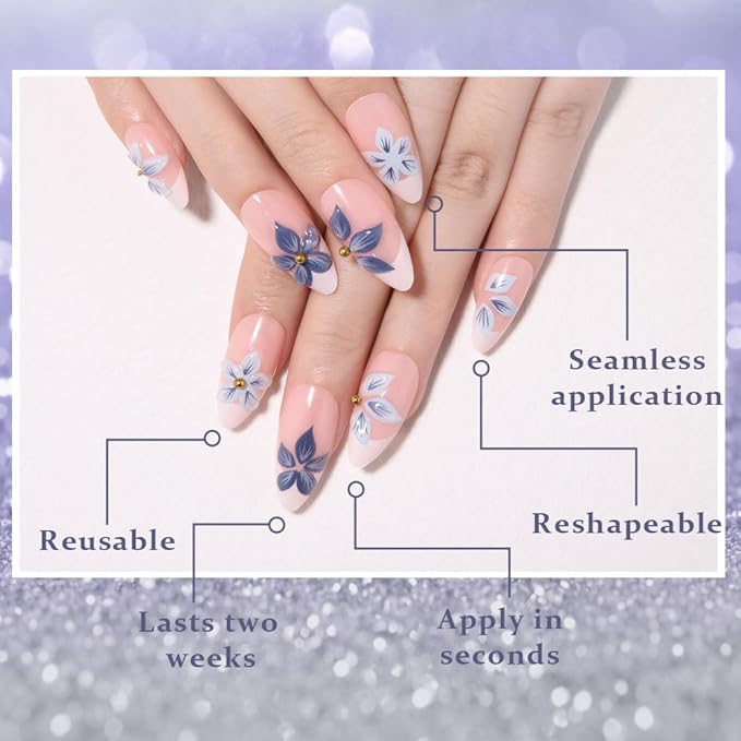 3D Press on Nails Short Almond with Blue Flower Design, Pink Nail White Tip Press ons Glossy Stick on Nails for Women with Kit, Reusable Soft Gel Stick on Cute Fake Nail with Designs Perfectly Fit