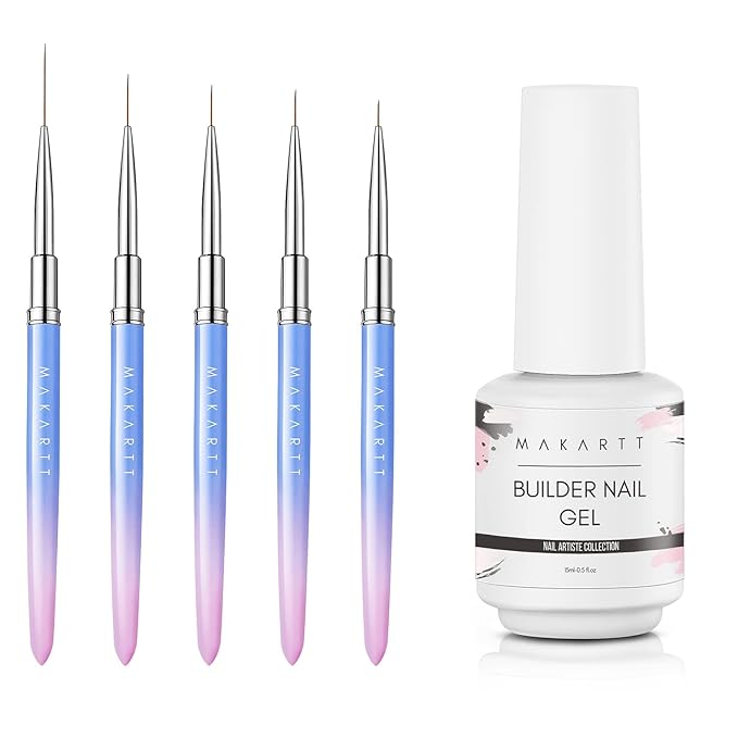 Makartt Nail Art Brushes,Liner for Nails, 5pcs, 7/9/11/15/25mm Bundle with Makartt Builder Nail Gel 15ml 5 in 1 Multifunctional Clear Gel Nail Polish