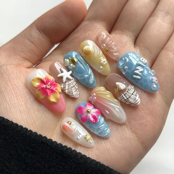Press On Nails - Medium Almond Handmade Unique Fake Nails, Artistic Design, Thick Acrylic and Muti-Layer Gel False Nails (Size M)
