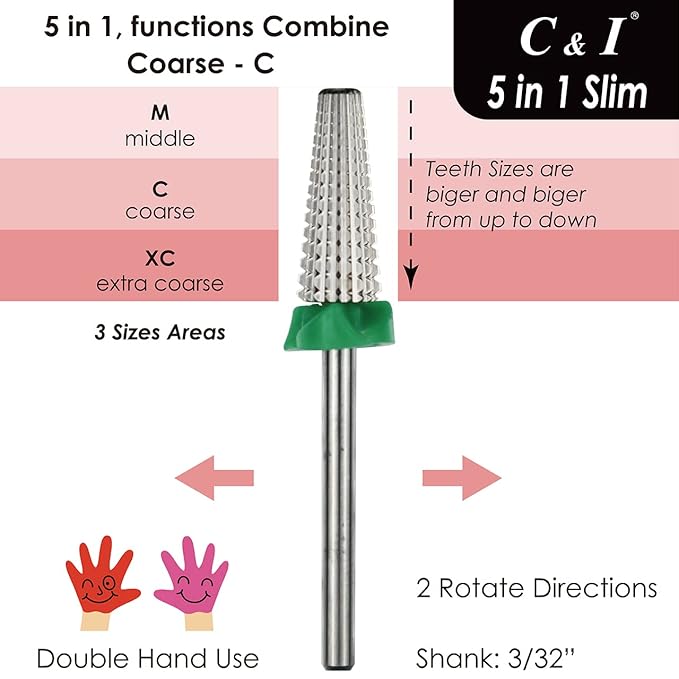C & I 5 in 1 Nail Drill Bit, Slim Edition, Professional Manicure Drills for Electric Nail Drill Machine (Coarse -C)