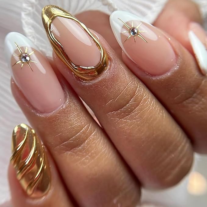 Almond Press on Nails - Medium White French Tip Fake Nails Press ons with Gold Star & Rhinestones Designs, Glossy Acrylic Nails Full Cover Glue on Nails for Women Manicure 24Pcs