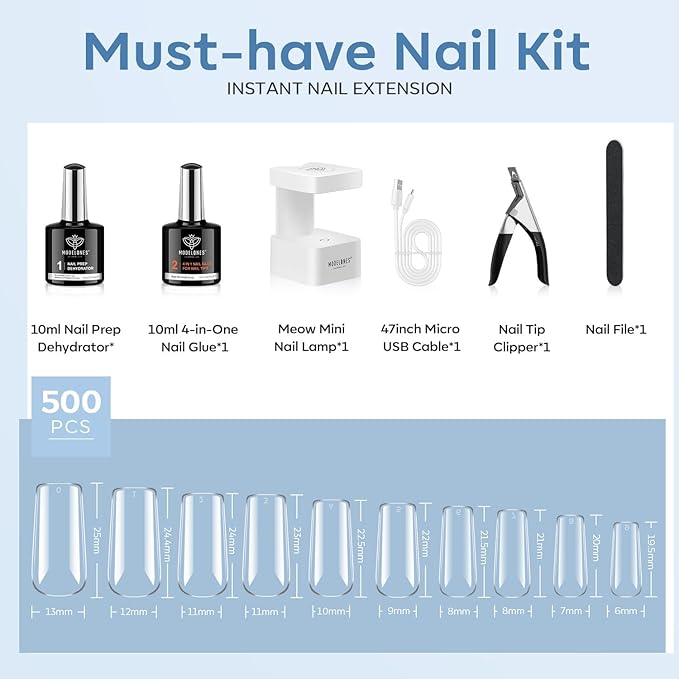 modelones X Nail Gel Kit, Square Nail Tips, 9-in-One Glue Prep Dehydrator & Portable Mini U V Light Acrylic Clipper, 500Pcs Medium Square Tips for Extension Kit DIY Salon Home Gift