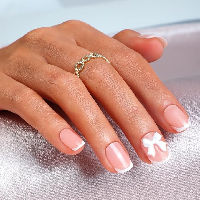 Press on Nails Pink Glossy 3D Flower French Fake Nails French Fake Reusable Nail Kit with Nail Glue Adhesive Tabs Mini Nail File for Women Manicure Art Decoration 24PCS