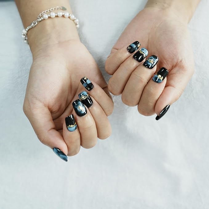 Short Coffin Press on Nails - Handmade Black Fake Nails with Blue Ombre Glitter Gold Foil Design, High Gloss Acrylic Nails for Women, Party, Daily Wear (Playful Doodle,M)