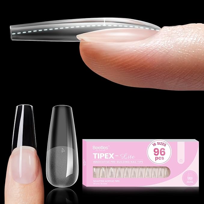Beetles Tipex Lite Instant Apex Nail Tips, Long Coffin, 16 Sizes | 00–14, Built-in Apex Acrylic Tips for Flat & Natural Nail Beds, Beginner-Friendly Easy DIY Nail Extensions