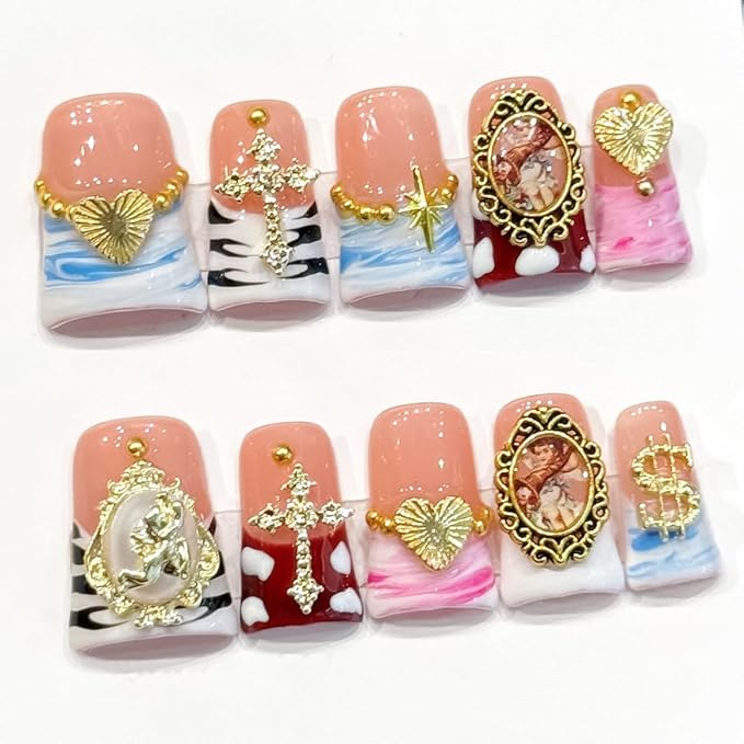 Medium Duck Handmade Unique Fake Nails French Tip False Nails Luxury Gold Charms Designs Valentine's Day Press on Nails for women 10Pcs