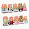 Medium Duck Handmade Unique Fake Nails French Tip False Nails Luxury Gold Charms Designs Valentine's Day Press on Nails for women 10Pcs
