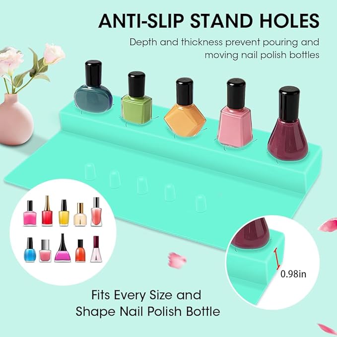 Nail Polish Holder,Silicone Hand Rest Mat Fingernail Painting Tools 2 in 1 Art Accessories Organizer Case Set with Anti-Spill Bottle Stand and Finger Separator for Pedicure Manicure-Turquoise