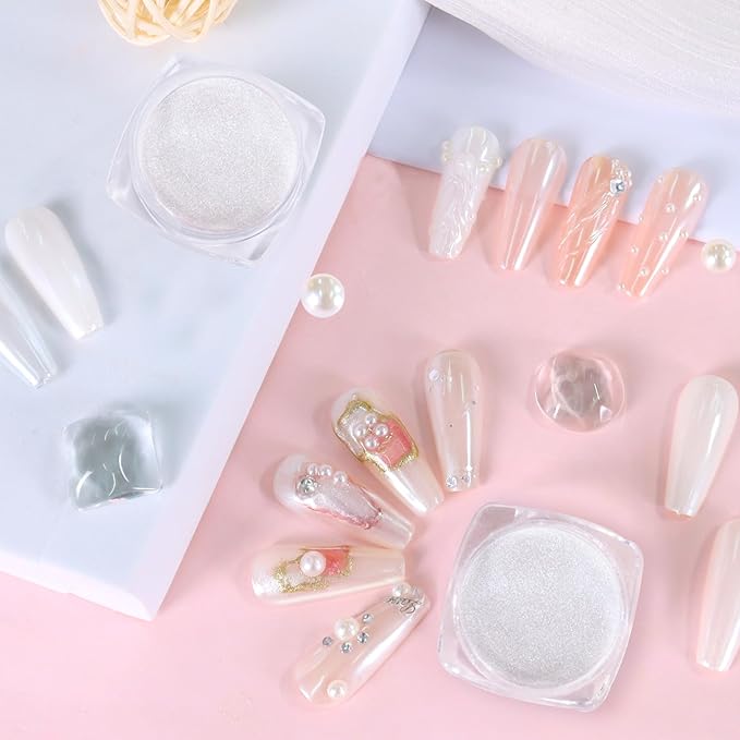Allstarry White Pearl Chrome Nail Powder, 2pcs Iridescent Aurora Powder Metallic Mirror Effect Glitter Pearlescent Ice Transparent Mermaid Pigment Dust for Gel Polish Nail Art Decoration
