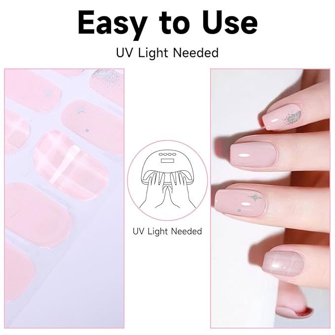 Semi Cured Gel Nail Strips, 28 pcs Nail Gel Stickers Work with Any UV Lights, Long-Lasting Nail Wraps, Stick on Nail Polish for women Easy to Apply & Remove