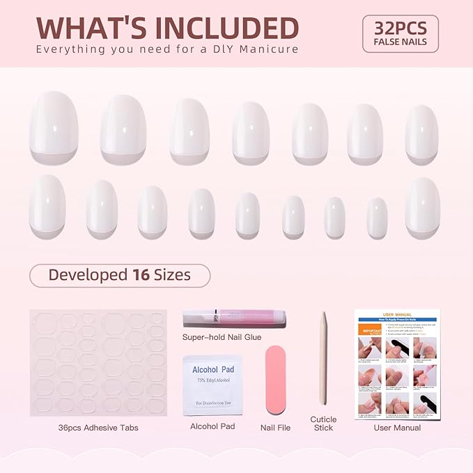 White Press on Nails Short Almond Fake Nails Salon Quality with Nails Glue False Nails Solid Color Designs Glossy Acrylic Nails Full Cover Thickened Stick on Nails for Nail Art DIY 16 Sizes