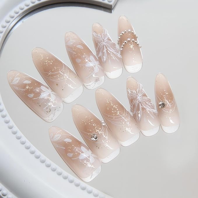 Winter 3D Butterfly Press on Nails Long Almond False Nails Press Ons Christmas White Floral Design Fake Nails Butterfly Stick on Nail Full Cover Acrylic Artificial Nails Gift for Women 24pcs