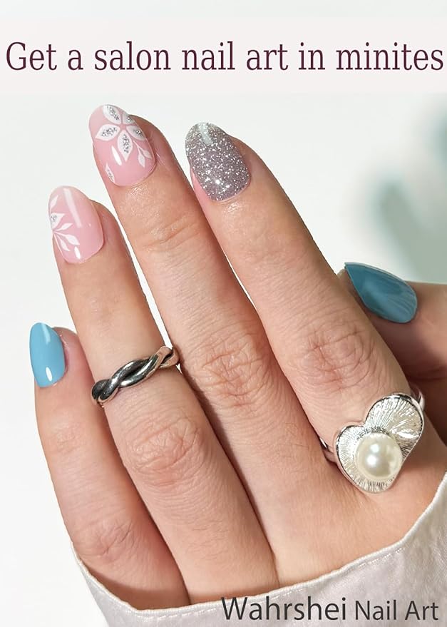 UV Gel Nail Stickers, Blue Glitter Flower 30pcs Semi Cured Gel Nail Strips, Wraps for Home Manicure DIY