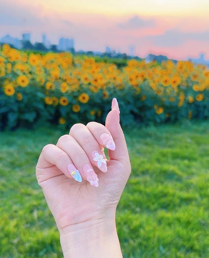 10Pcs Mixed Shape Handmade Press On Nails | Nude Pink with 3D Seashell, Flower & Starfish Decor | Easy to Apply, Remove & Reusable, Salon-Quality (A022, S)