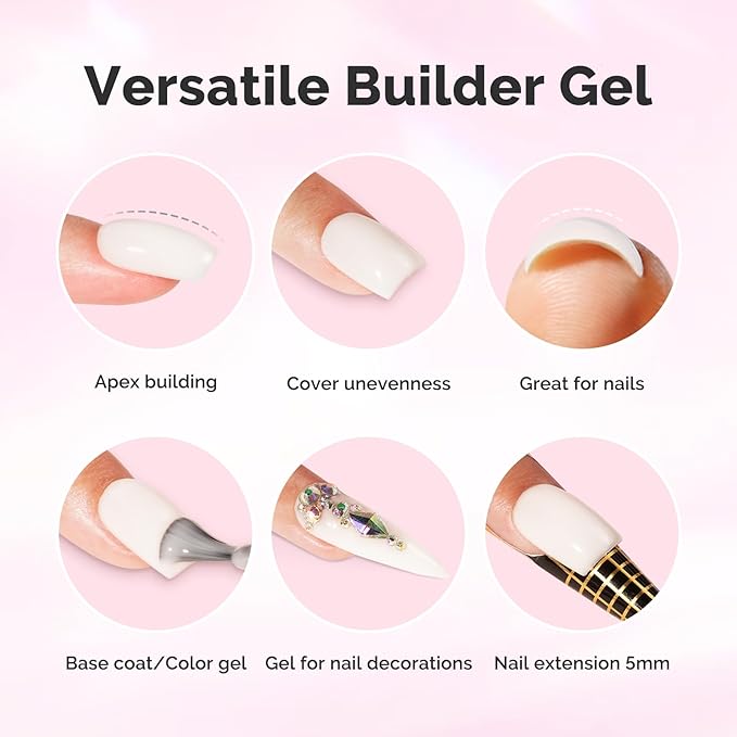 MelodySusie Milky White Builder Nail Gel for Nails Thickening, Soak Off UV Extension Gel, Rhinestone Nail Glue in a Bottle for Nail Art Design Gift for Women Salon DIY Manicure at Home-086