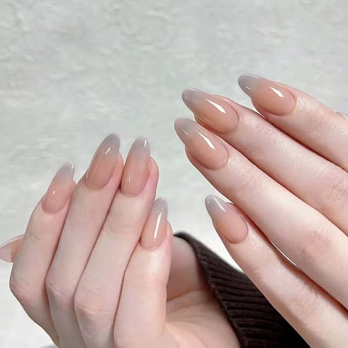 Press-On Nails, Medium-Length Glossy Sheer Nude Ombre Medium-Length Almond False Nails, Showing the Noble Temperament of Women and Girls False Nails - 24 pcs (with Free Tool Kit)