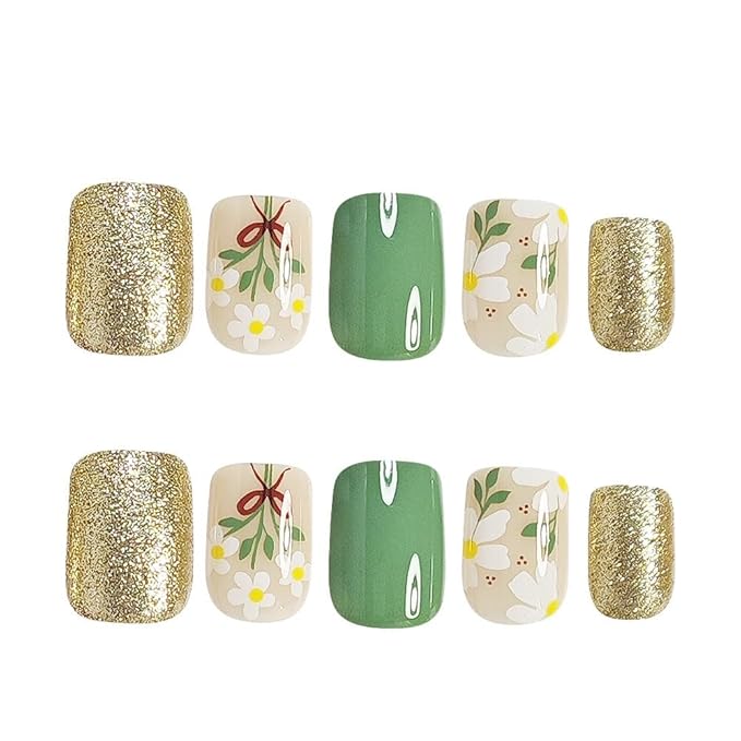 Short Press on Nails Square - Green Fake Nails with Flower Design - Spring, Glitter Full Cover Stick on False Nails for Women - 24 Pcs